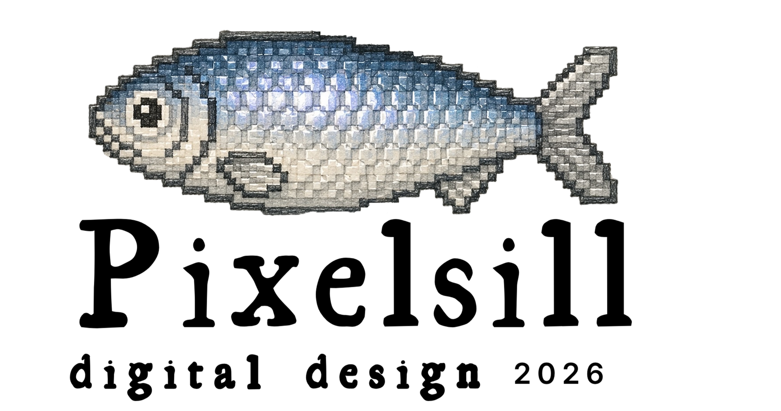 Logo image for Pixelsill. it has a pixilated herring fish that looks like it has been embossed on a paper. The fish has shinty scales in beige and light blue.