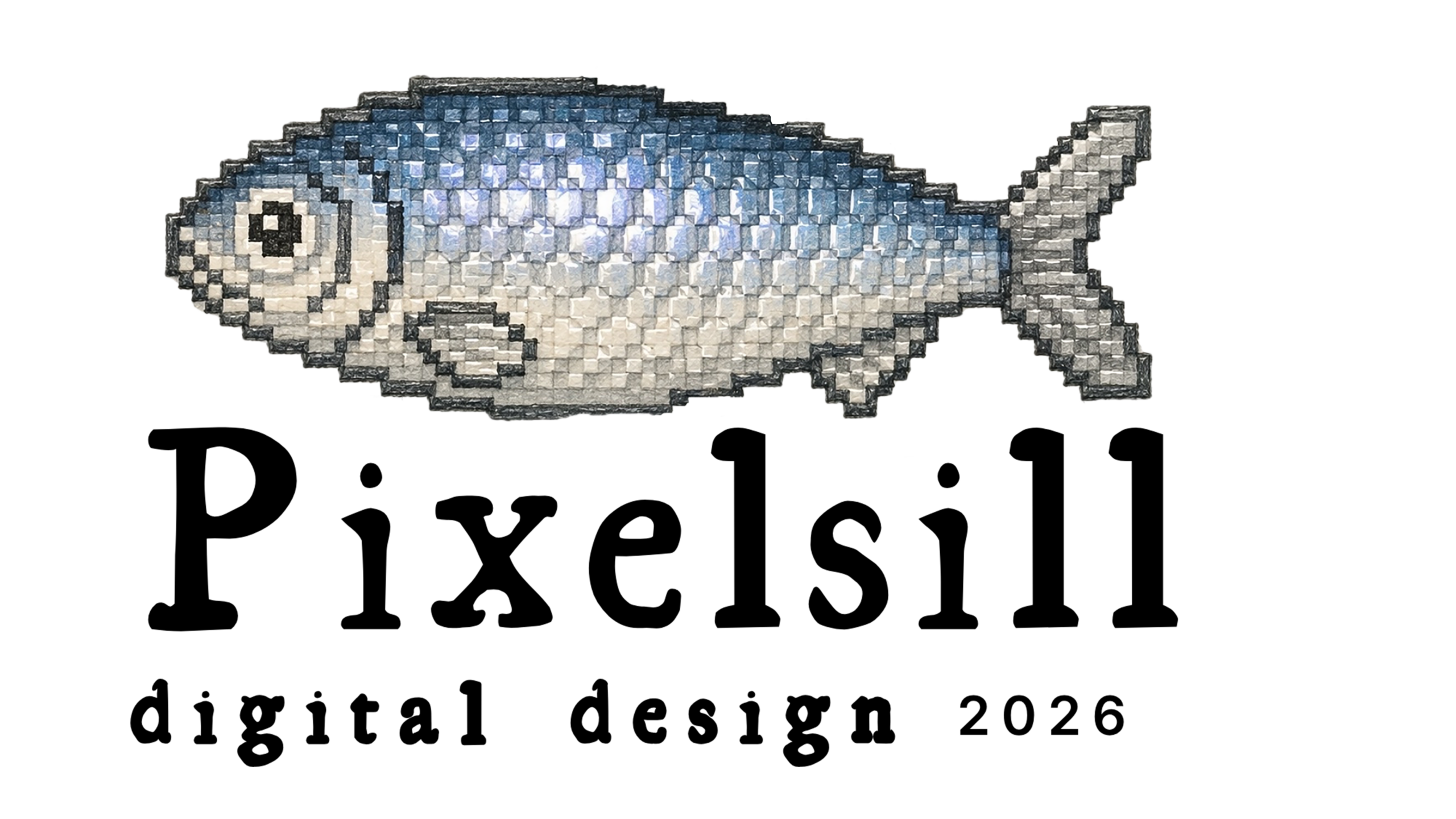 Logo image for Pixelsill. it has a pixilated herring fish that looks like it has been embossed on a paper. The fish has shinty scales in beige and light blue.